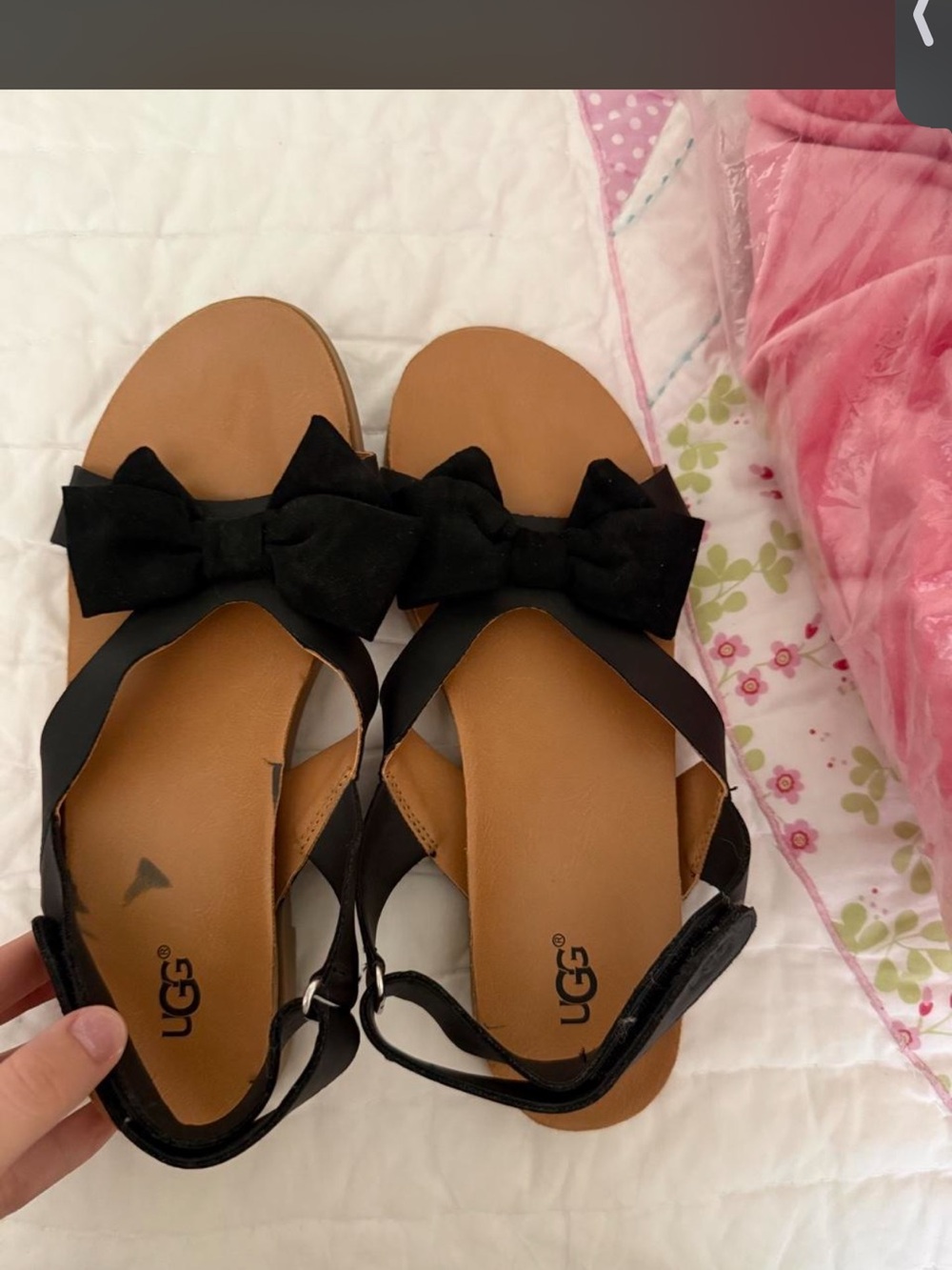 UGG Black Bow Leather Strap Sandals